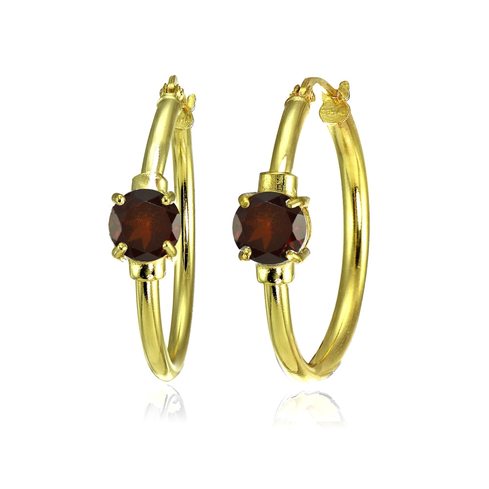 Yellow Gold Flashed Sterling Silver Garnet Solitaire 25mm Hoop Earrings