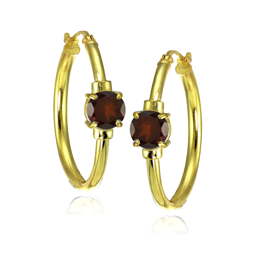 Yellow Gold Flashed Sterling Silver Garnet Solitaire 25mm Hoop Earrings-3