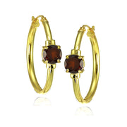 Yellow Gold Flashed Sterling Silver Garnet Solitaire 25mm Hoop Earrings