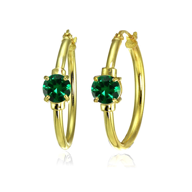 Yellow Gold Flashed Sterling Silver Simulated Emerald Solitaire 25mm Hoop Earrings