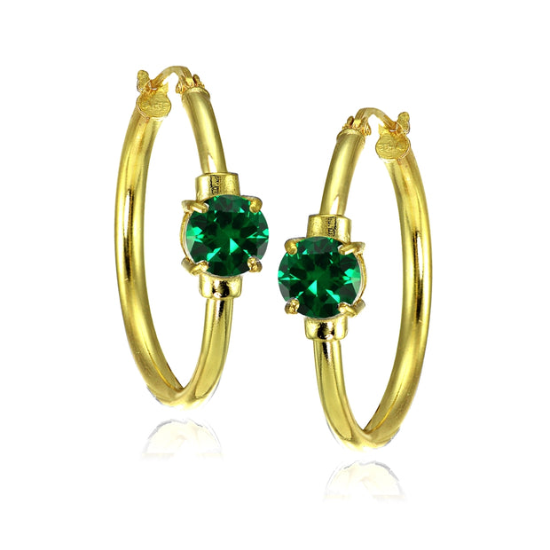 Yellow Gold Flashed Sterling Silver Simulated Emerald Solitaire 25mm Hoop Earrings