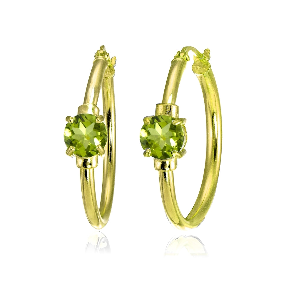 Yellow Gold Flashed Sterling Silver Peridot Solitaire 25mm Hoop Earrings