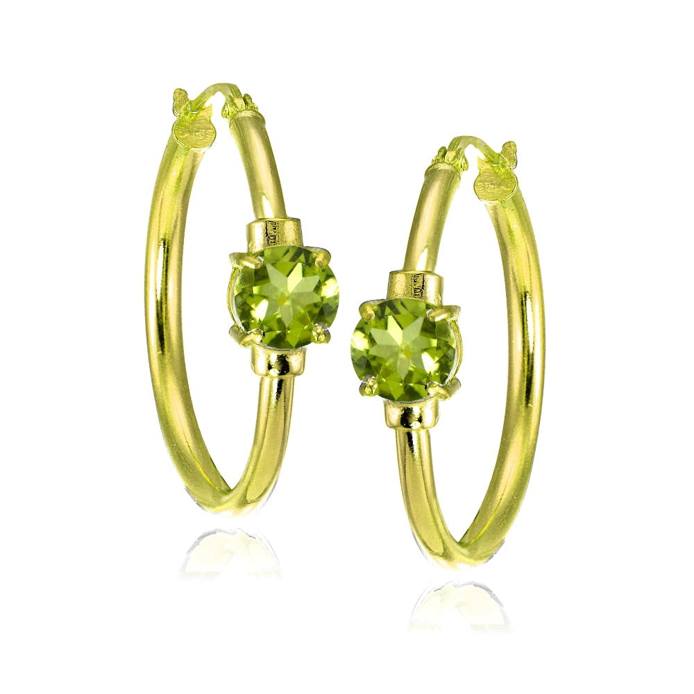 Yellow Gold Flashed Sterling Silver Peridot Solitaire 25mm Hoop Earrings-3