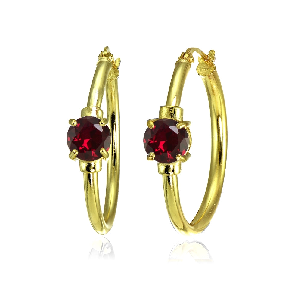 Yellow Gold Flashed Sterling Silver Created Ruby Solitaire 25mm Hoop Earrings