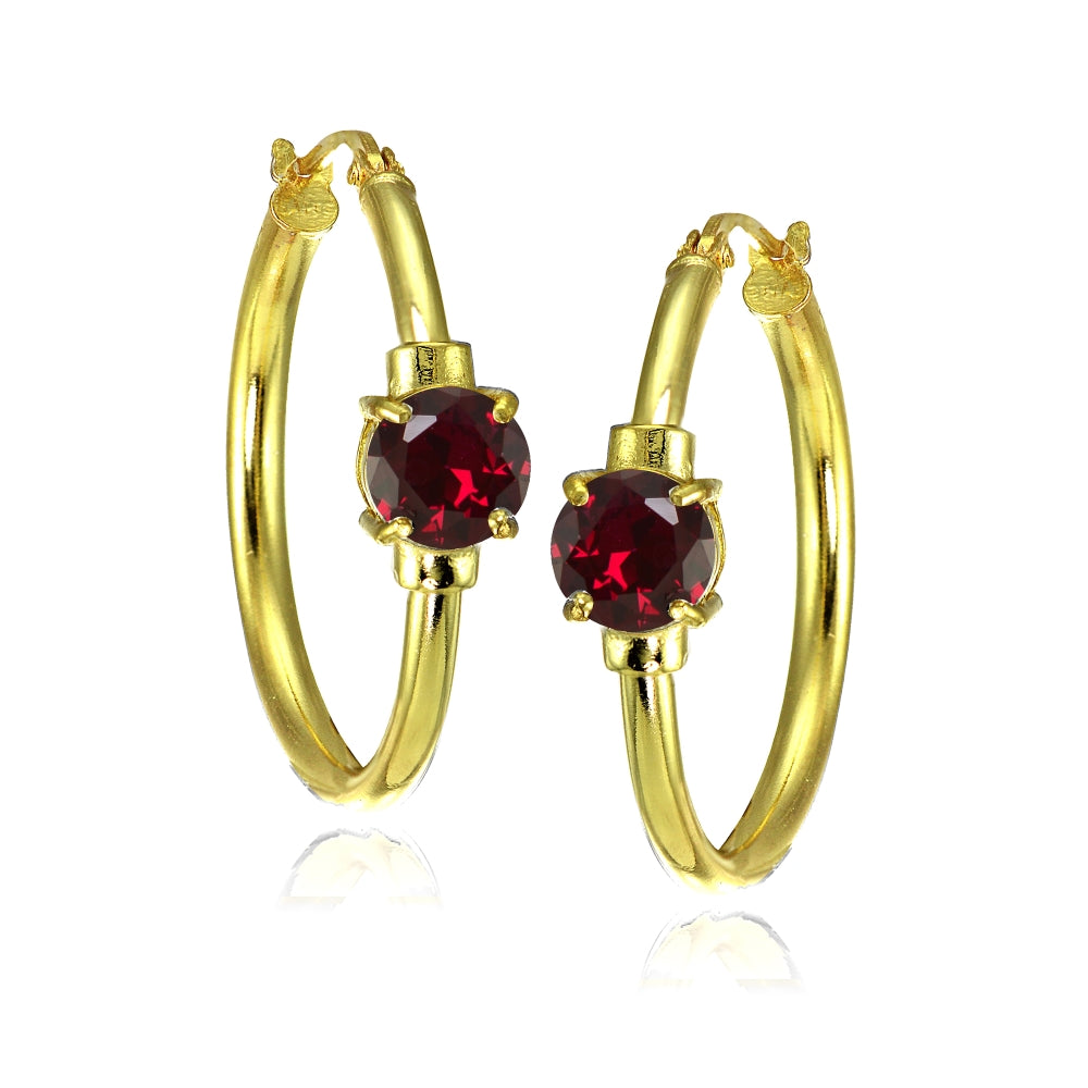 Yellow Gold Flashed Sterling Silver Created Ruby Solitaire 25mm Hoop Earrings-3