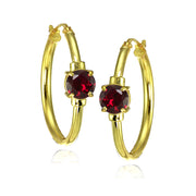 Yellow Gold Flashed Sterling Silver Created Ruby Solitaire 25mm Hoop Earrings