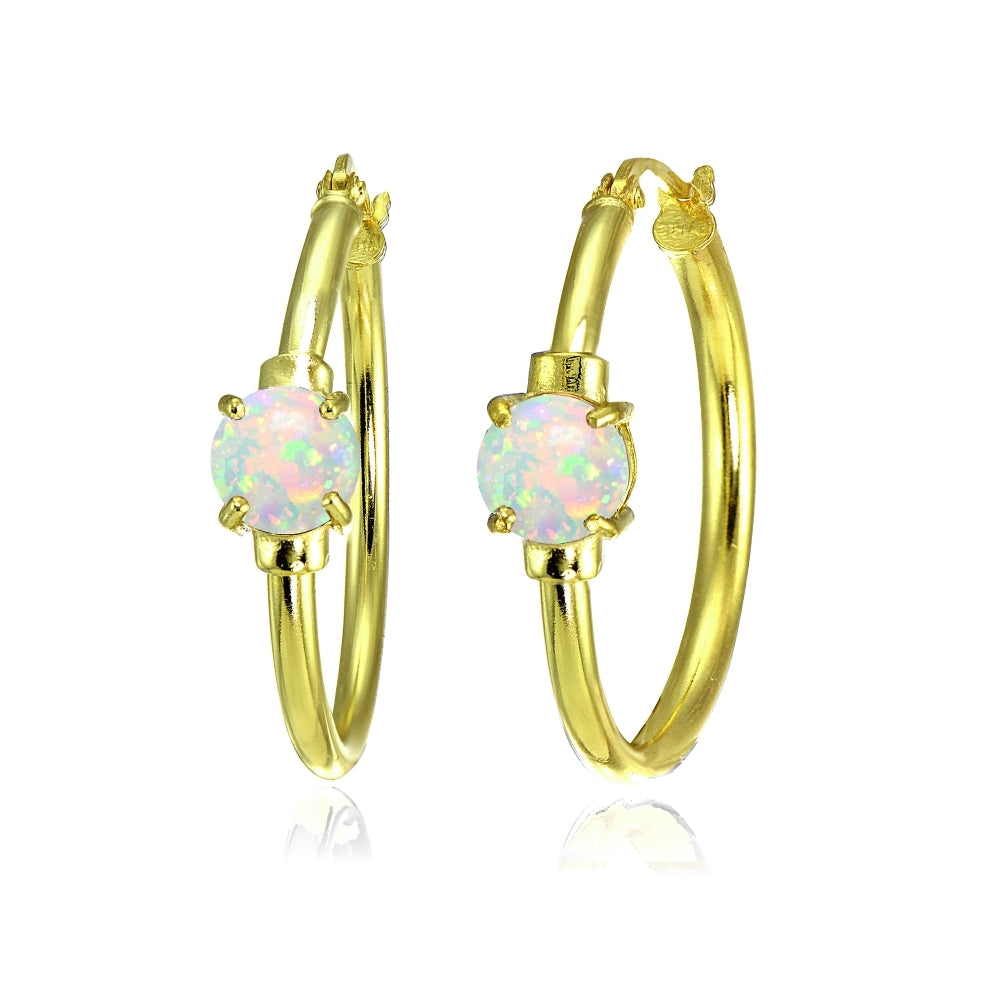 Yellow Gold Flashed Sterling Silver Created White Opal Solitaire 25mm Hoop Earrings