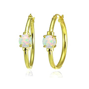 Yellow Gold Flashed Sterling Silver Created White Opal Solitaire 25mm Hoop Earrings