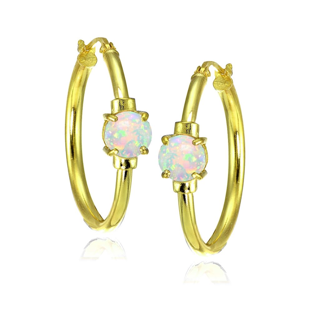 Yellow Gold Flashed Sterling Silver Created White Opal Solitaire 25mm Hoop Earrings-3