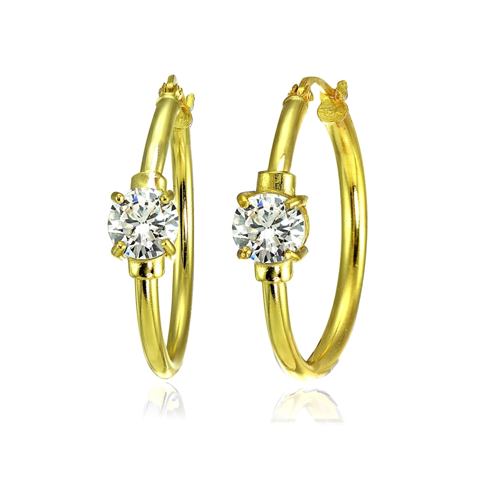 Yellow Gold Flashed Sterling Silver Cubic Zirconia Solitaire 25mm Hoop Earrings