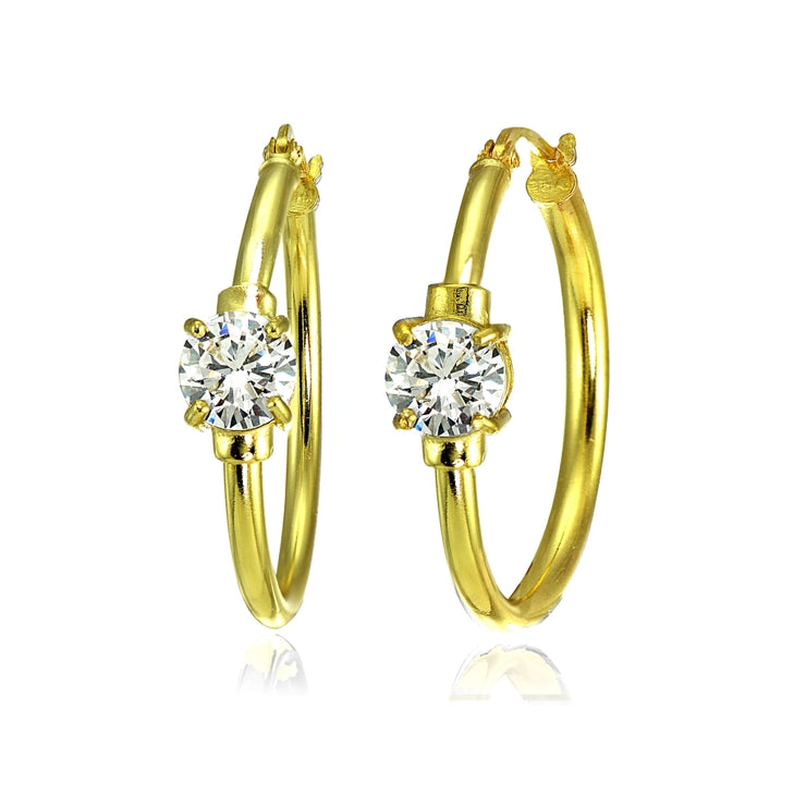 Yellow Gold Flashed Sterling Silver Cubic Zirconia Solitaire 25mm Hoop Earrings