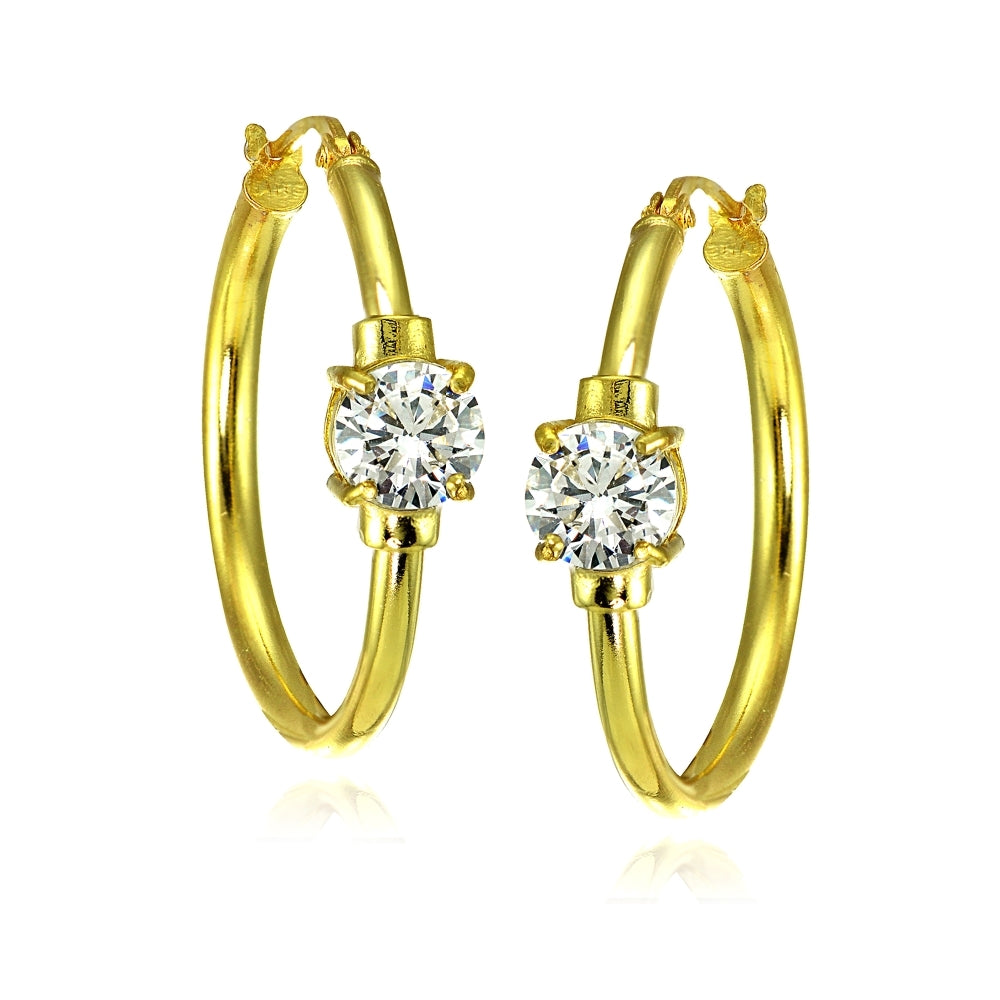 Yellow Gold Flashed Sterling Silver Cubic Zirconia Solitaire 25mm Hoop Earrings-3