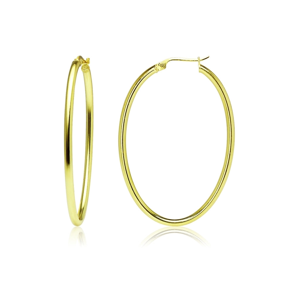 Gold Flashed Sterling Silver 2x40mm High Polished Oval Hoop Earrings-2