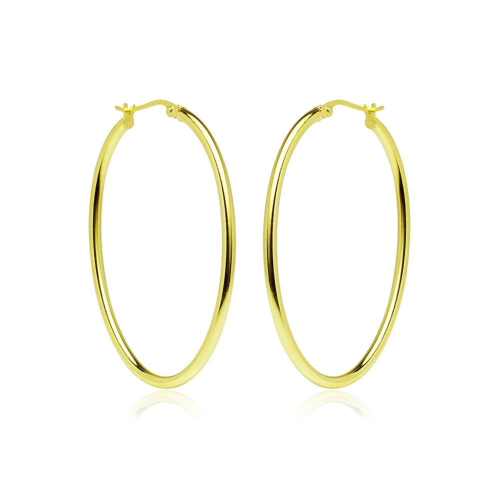 Gold Flashed Sterling Silver 2x40mm High Polished Oval Hoop Earrings-3