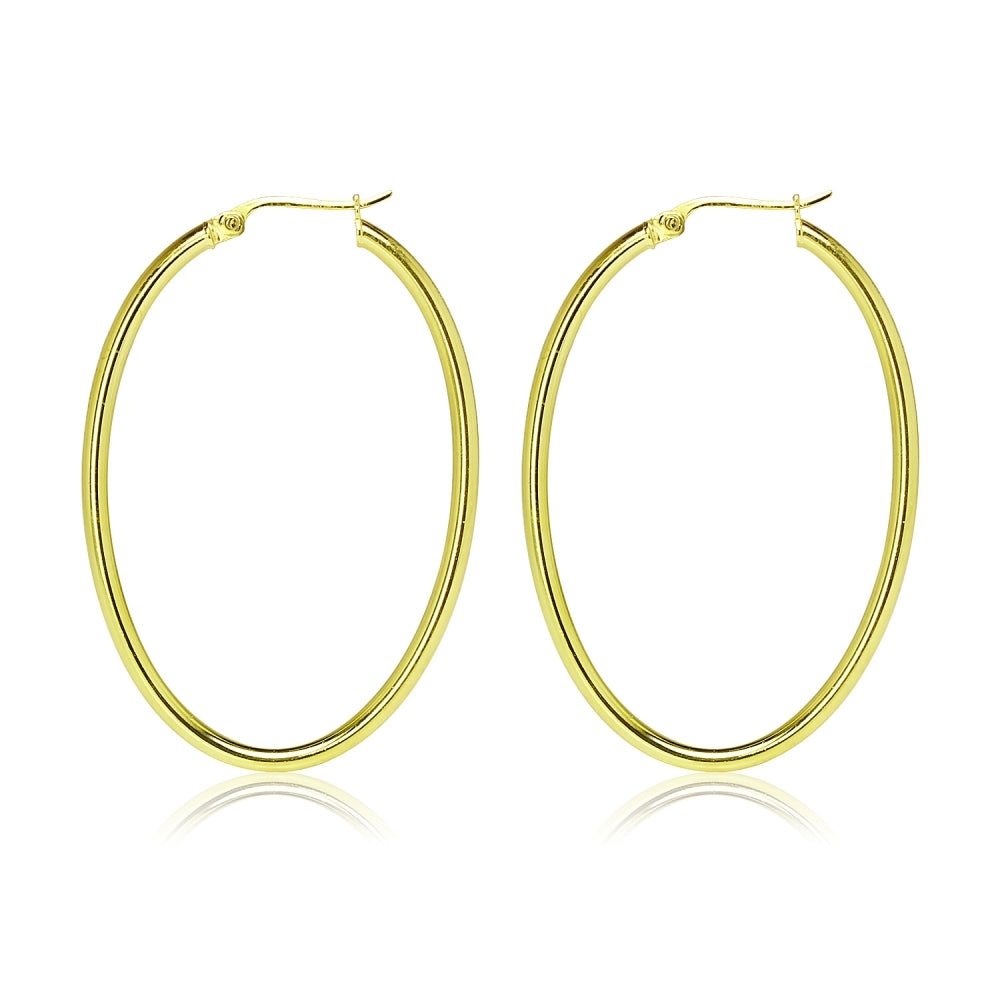 Gold Flashed Sterling Silver 2x40mm High Polished Oval Hoop Earrings-6