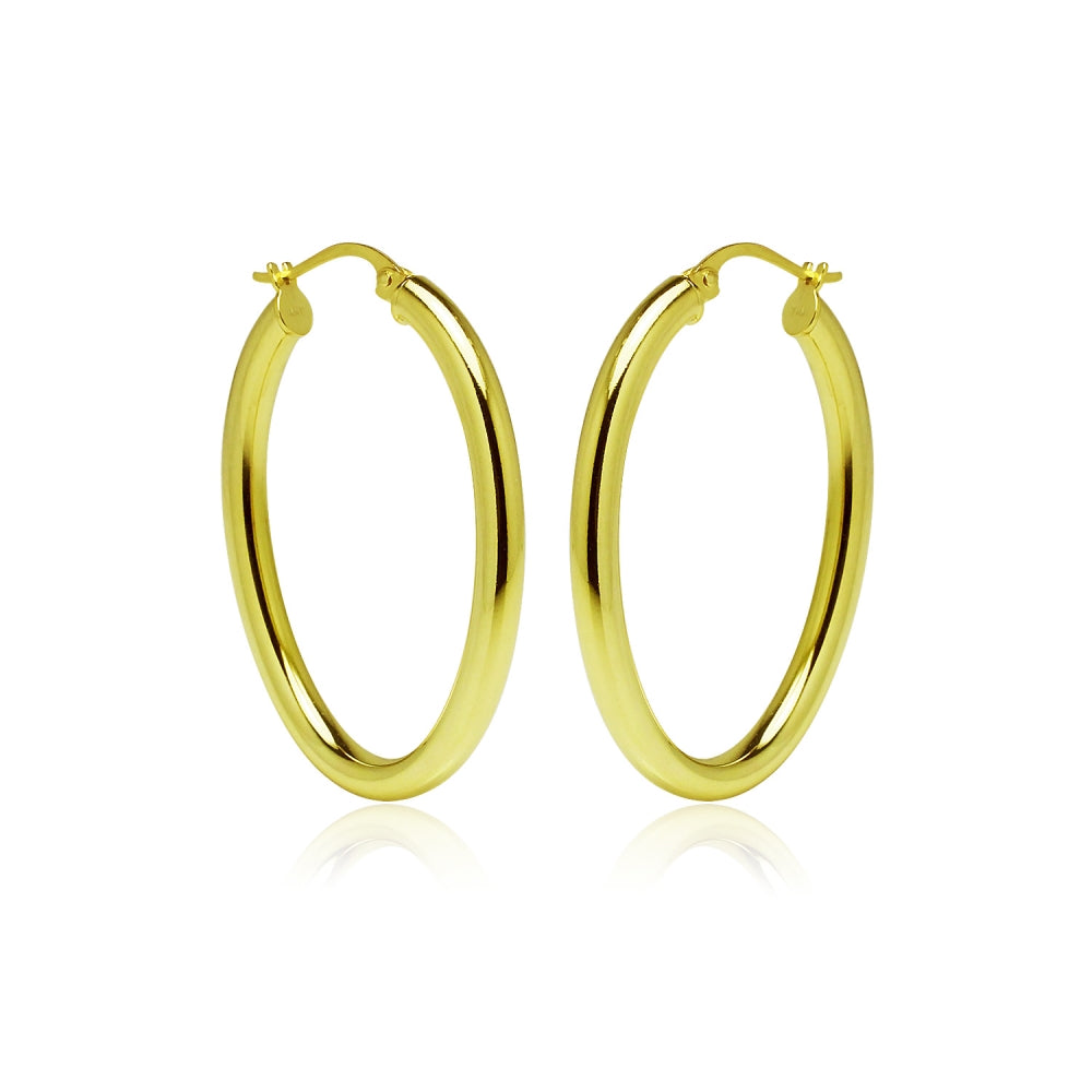 Gold Flashed Sterling Silver 3x35mm High Polished Oval Hoop Earrings-2