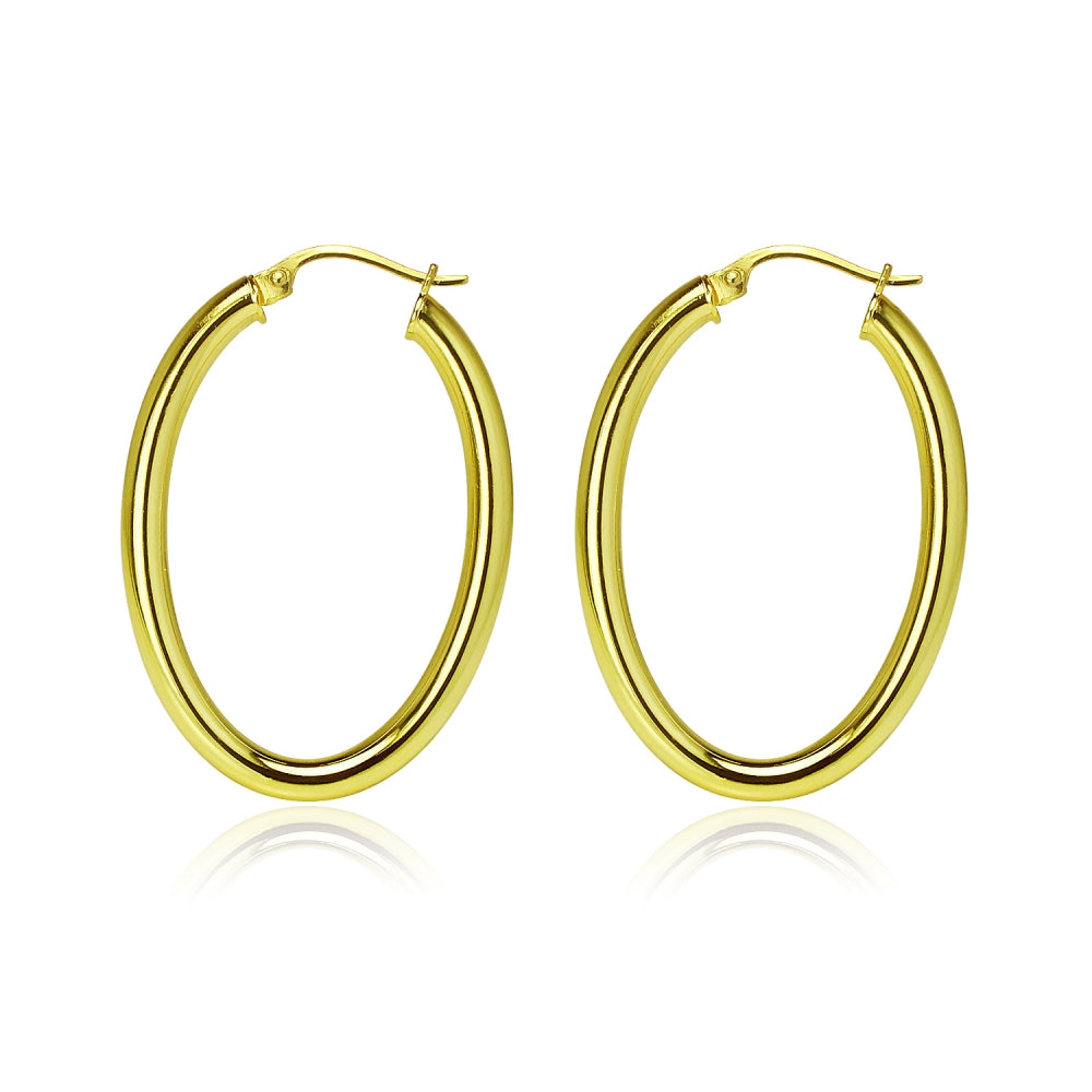 Gold Flashed Sterling Silver 3x35mm High Polished Oval Hoop Earrings-3