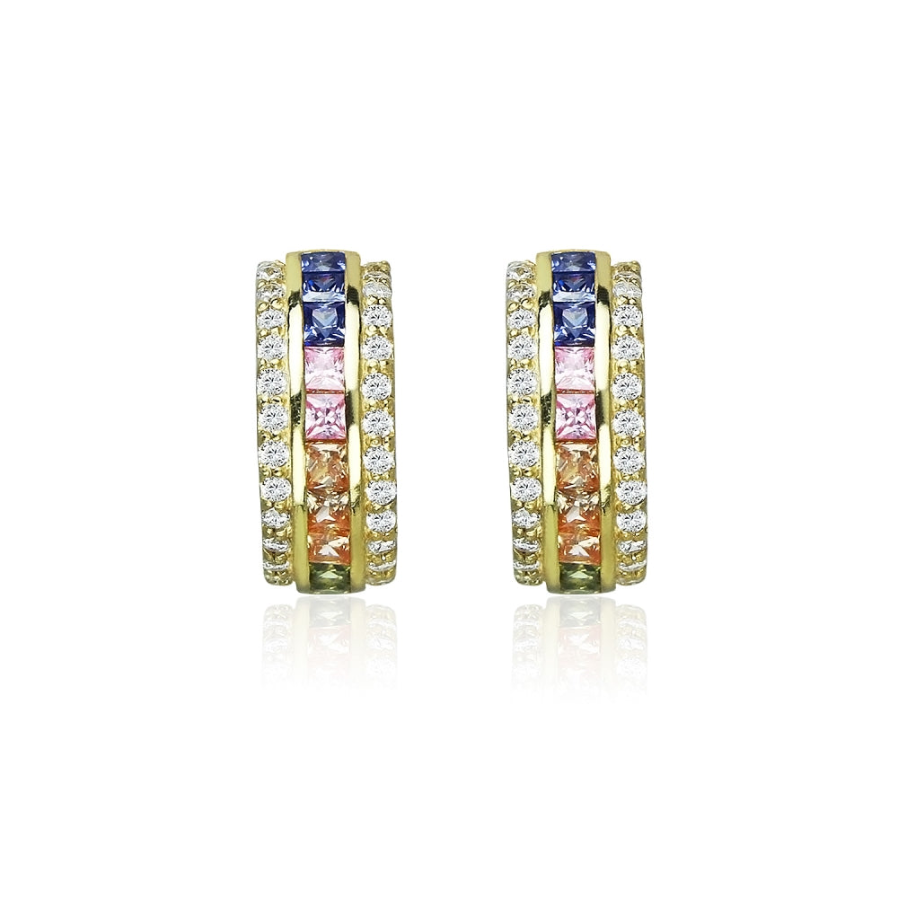 Yellow Gold Flashed Sterling Silver Multi-Color Cubic Zirconia Channel-Set Half Hoop Earrings-2