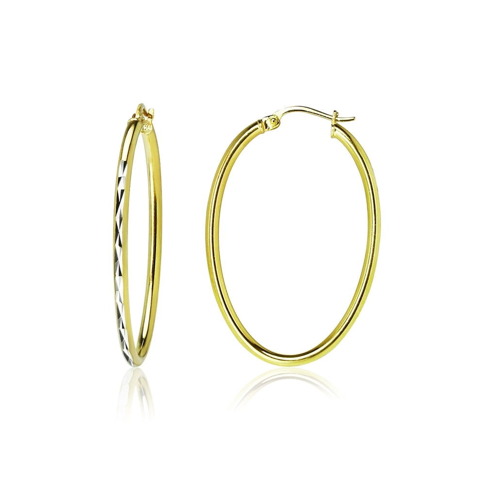 Gold Flashed Sterling Silver Two Tone 2x35mm Diamond-Cut Oval Hoop Earrings