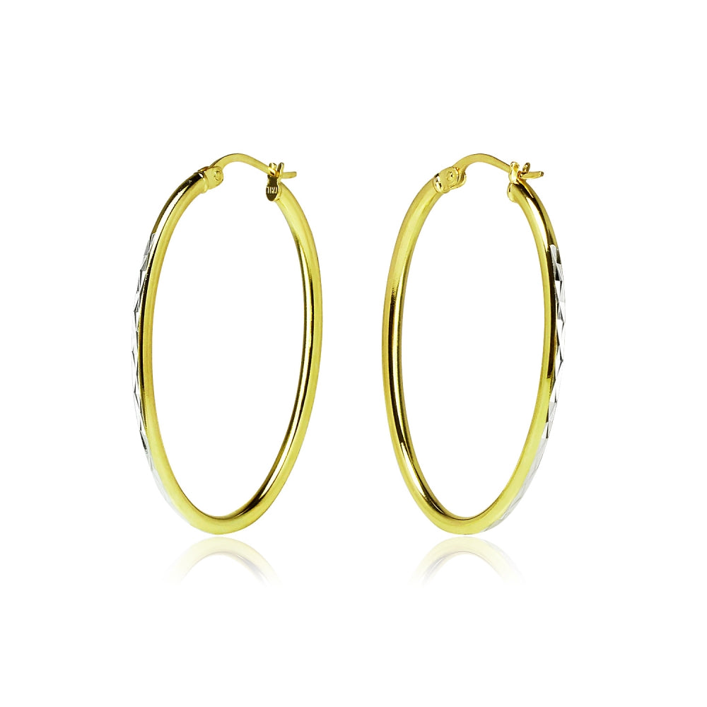 Gold Flashed Sterling Silver Two Tone 2x35mm Diamond-Cut Oval Hoop Earrings-2