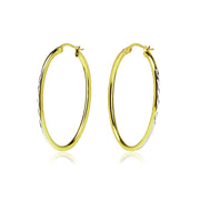 Gold Flashed Sterling Silver Two Tone 2x35mm Diamond-Cut Oval Hoop Earrings