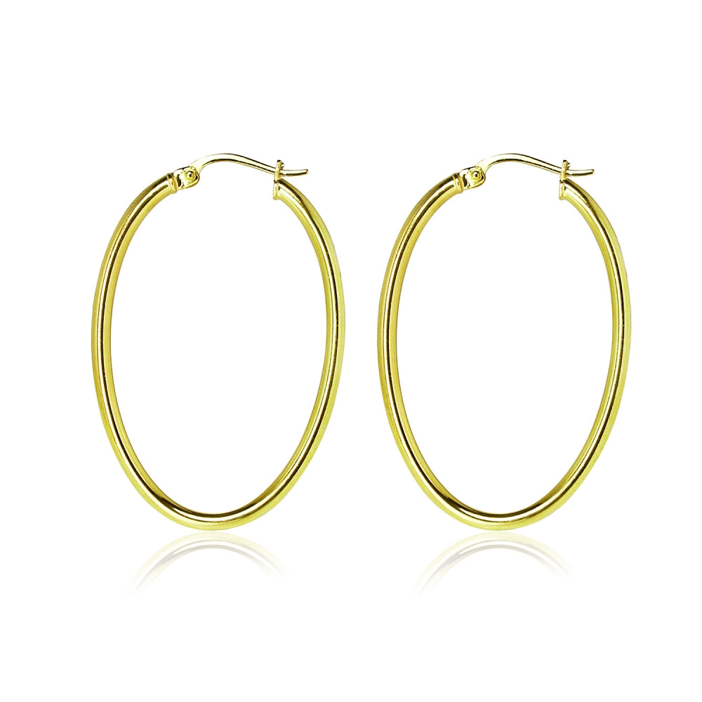 Gold Flashed Sterling Silver Two Tone 2x35mm Diamond-Cut Oval Hoop Earrings-3