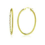Gold Flashed Sterling Silver Two Tone 2x40mm Diamond-Cut Oval Hoop Earrings