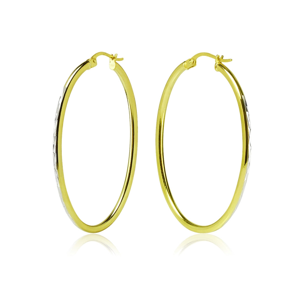 Gold Flashed Sterling Silver Two Tone 2x40mm Diamond-Cut Oval Hoop Earrings-2