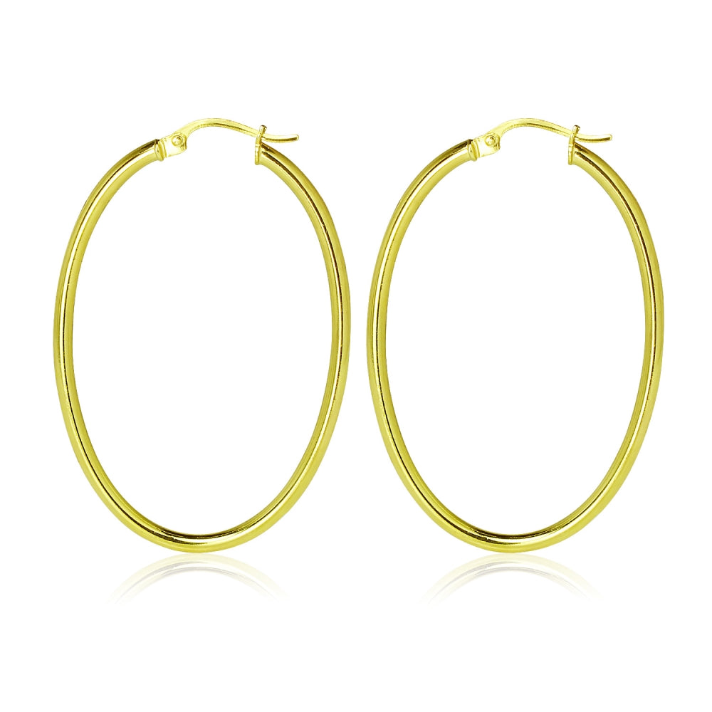 Gold Flashed Sterling Silver Two Tone 2x40mm Diamond-Cut Oval Hoop Earrings-3