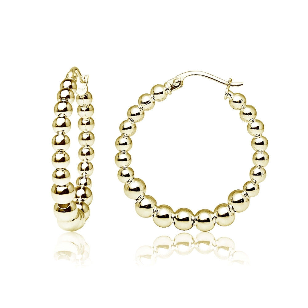 Yellow Gold Flashed Sterling Silver High Polished Graduated Beaded 20mm Hoop Earrings