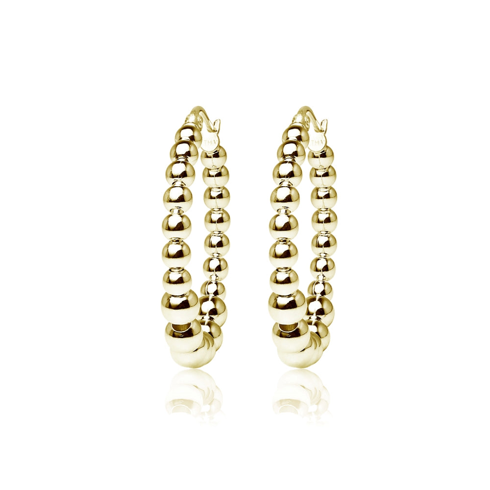 Yellow Gold Flashed Sterling Silver High Polished Graduated Beaded 20mm Hoop Earrings-2