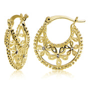Yellow Gold Flashed Sterling Silver Polished Filigree Flower Hoop Earrings with CZ Accents