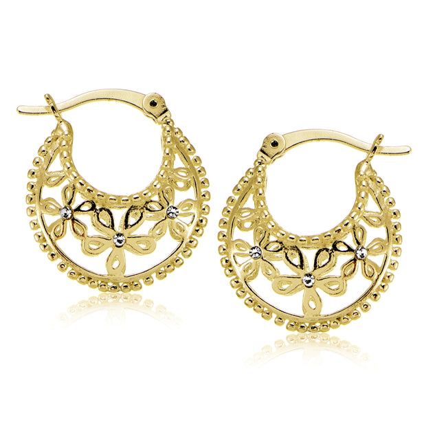 Yellow Gold Flashed Sterling Silver Polished Filigree Flower Hoop Earrings with CZ Accents