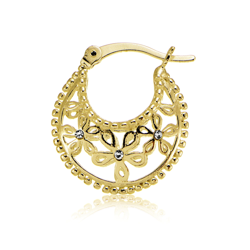 Yellow Gold Flashed Sterling Silver Polished Filigree Flower Hoop Earrings with CZ Accents-3