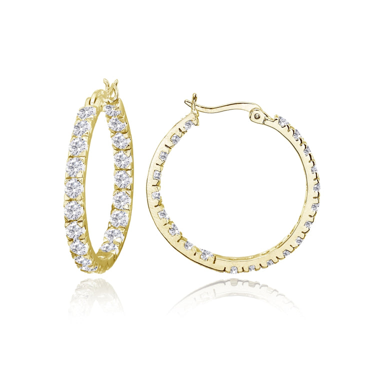 Yellow Gold Flashed Sterling Silver 3mm Cubic Zirconia Inside Out Round Hoop Earrings