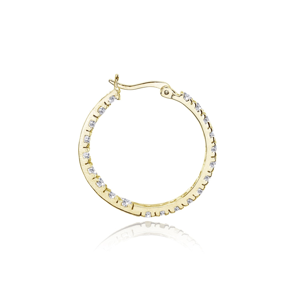 Yellow Gold Flashed Sterling Silver 3mm Cubic Zirconia Inside Out Round Hoop Earrings-2