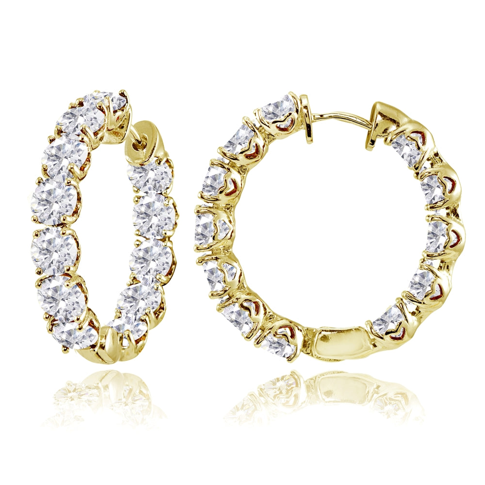 Yellow Gold Flashed Sterling Silver 5mm Cubic Zirconia Inside Out Round Small Hoop Earrings