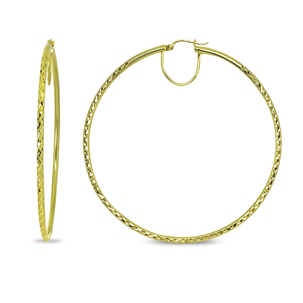 Gold Flash Sterling Silver 2x60mm Diamond-Cut Round Extra Large Hoop Earrings for Women Girls