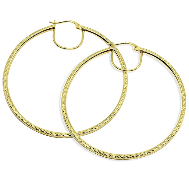 Gold Flash Sterling Silver 2x60mm Diamond-Cut Round Extra Large Hoop Earrings for Women Girls