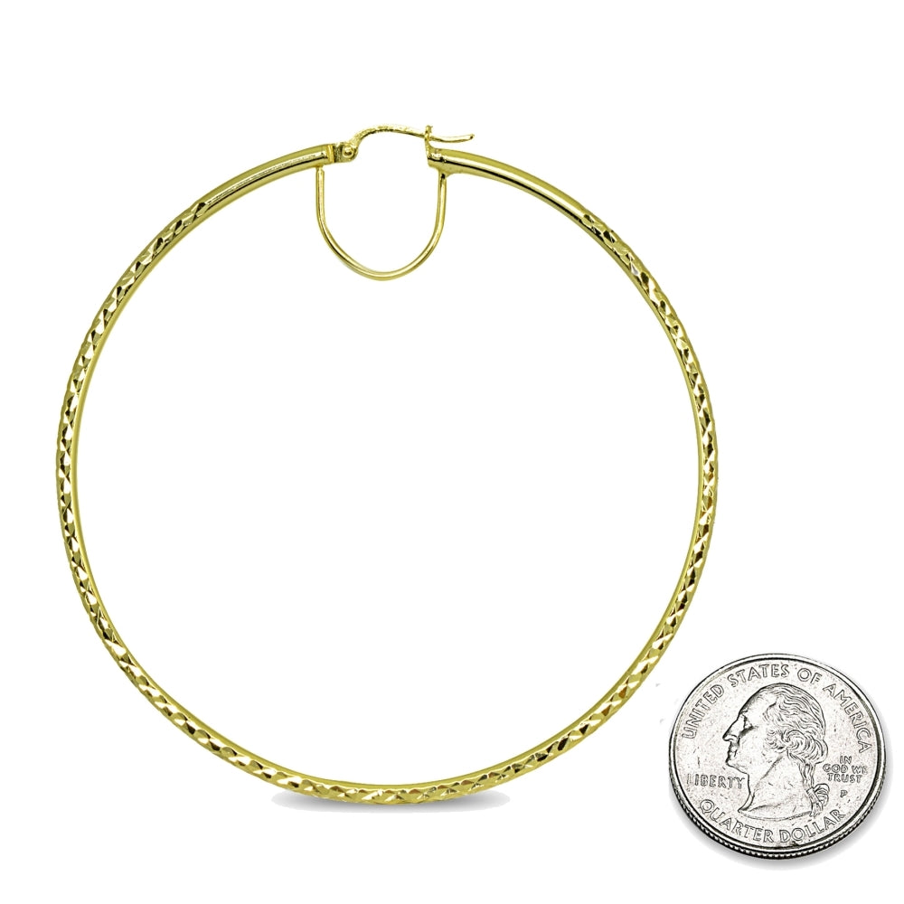 Gold Flash Sterling Silver 2x60mm Diamond-Cut Round Extra Large Hoop Earrings for Women Girls-5