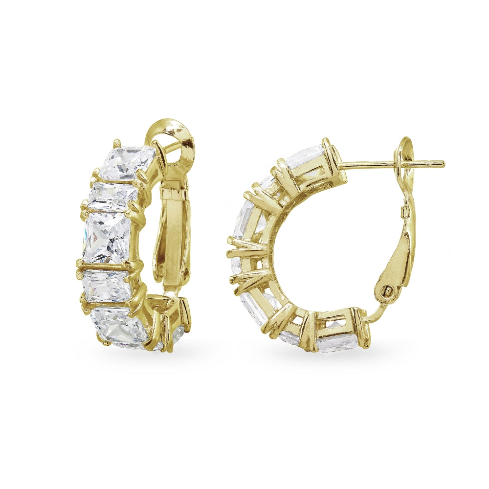 Yellow Gold Flashed Sterling Silver Cubic Zirconia Square Rectangle Clutchless Small J-Hoop Earrings