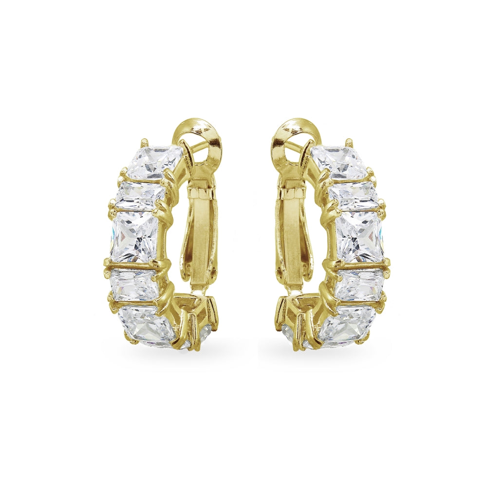 Yellow Gold Flashed Sterling Silver Cubic Zirconia Square Rectangle Clutchless Small J-Hoop Earrings-2