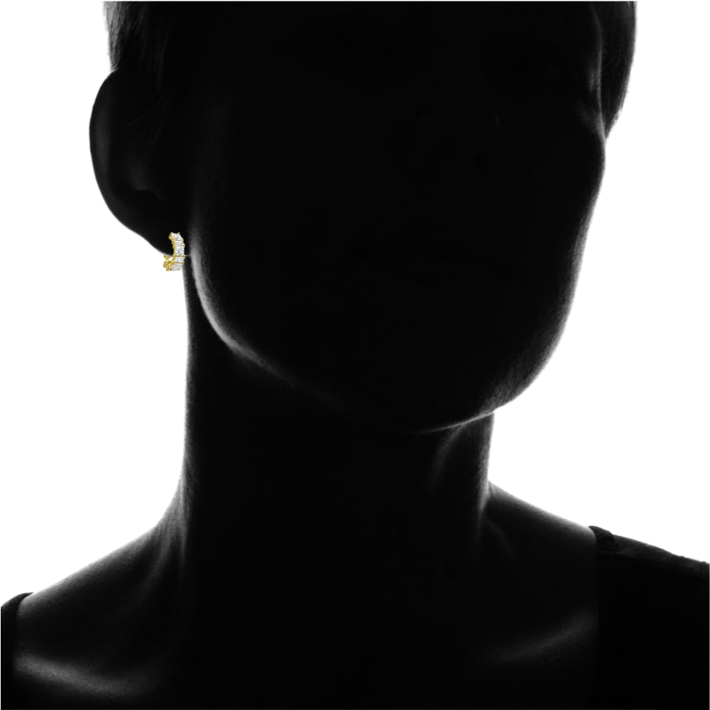 Yellow Gold Flashed Sterling Silver Cubic Zirconia Square Rectangle Clutchless Small J-Hoop Earrings-3