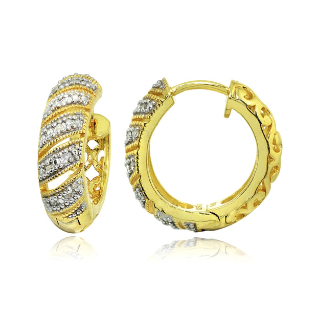 Yellow Gold Flashed Sterling Silver Polished Diamond Accent Round Click Top Huggie Hoop Earrings, JK-I3