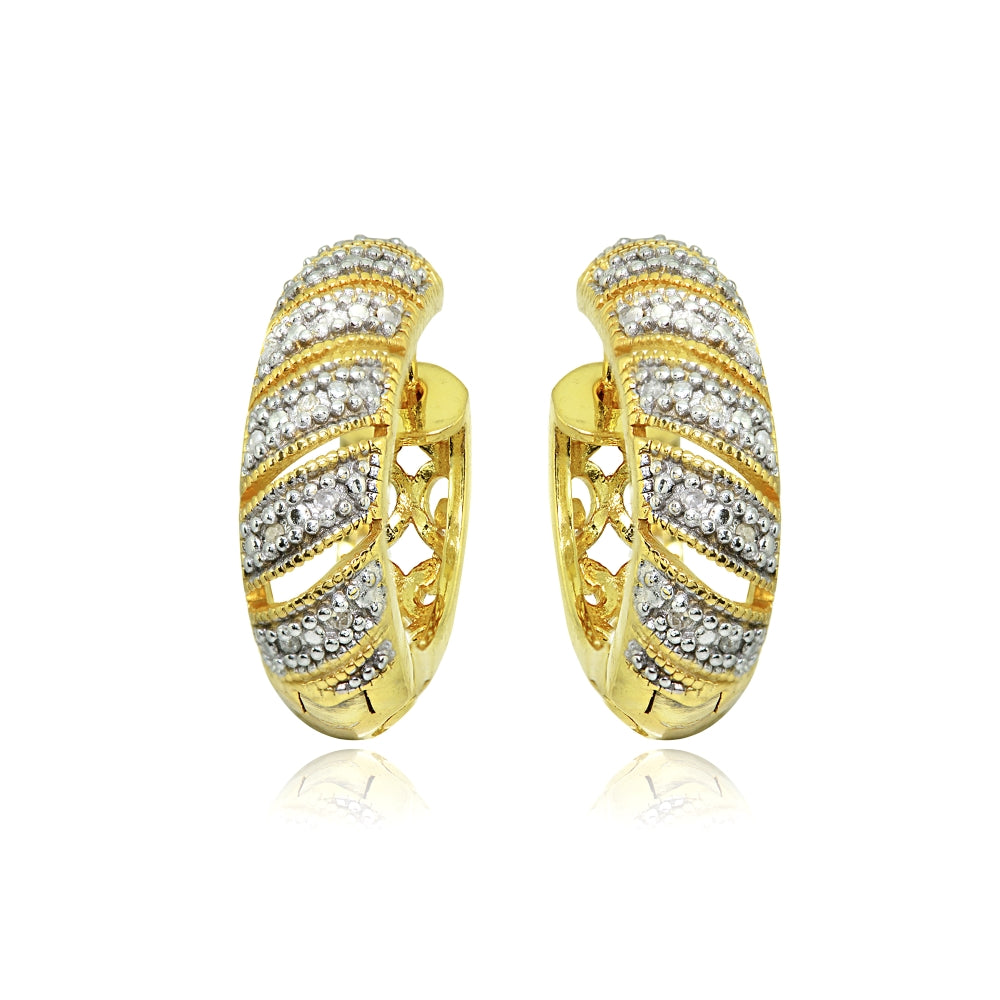 Yellow Gold Flashed Sterling Silver Polished Diamond Accent Round Click Top Huggie Hoop Earrings, JK-I3-2