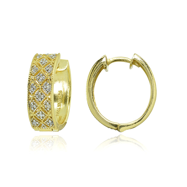 Yellow Gold Flashed Sterling Silver Polished Textured Diamond Accent Round Click Top Huggie Hoop Earrings, JK-I3