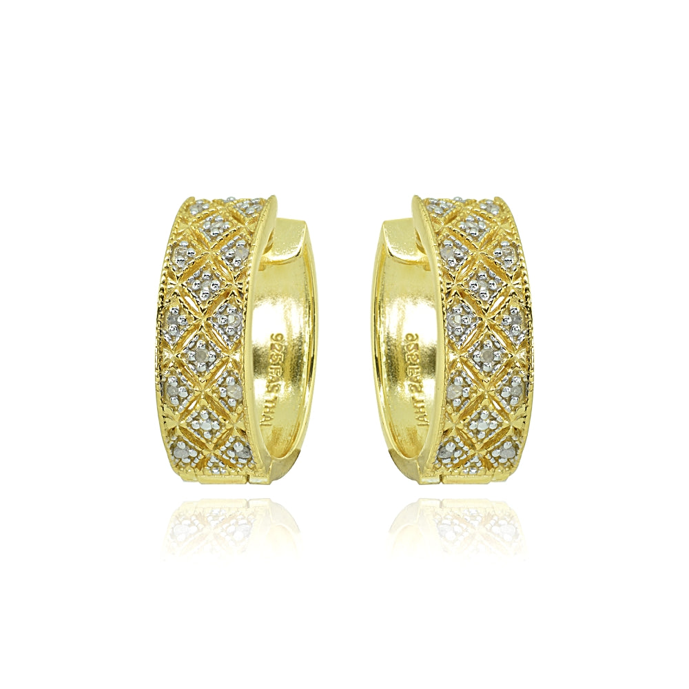 Yellow Gold Flashed Sterling Silver Polished Textured Diamond Accent Round Click Top Huggie Hoop Earrings, JK-I3-2