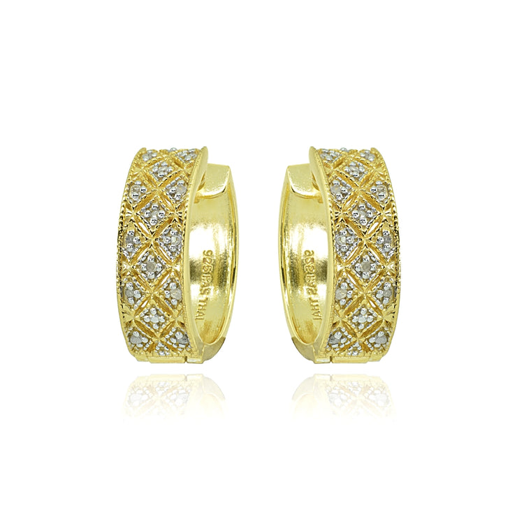 Yellow Gold Flashed Sterling Silver Polished Textured Diamond Accent Round Click Top Huggie Hoop Earrings, JK-I3