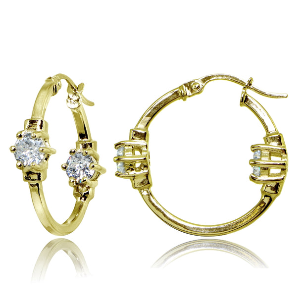 Yellow Gold Flashed Sterling Silver Polished Cubic Zirconia Round Two Stone Hoop Earrings