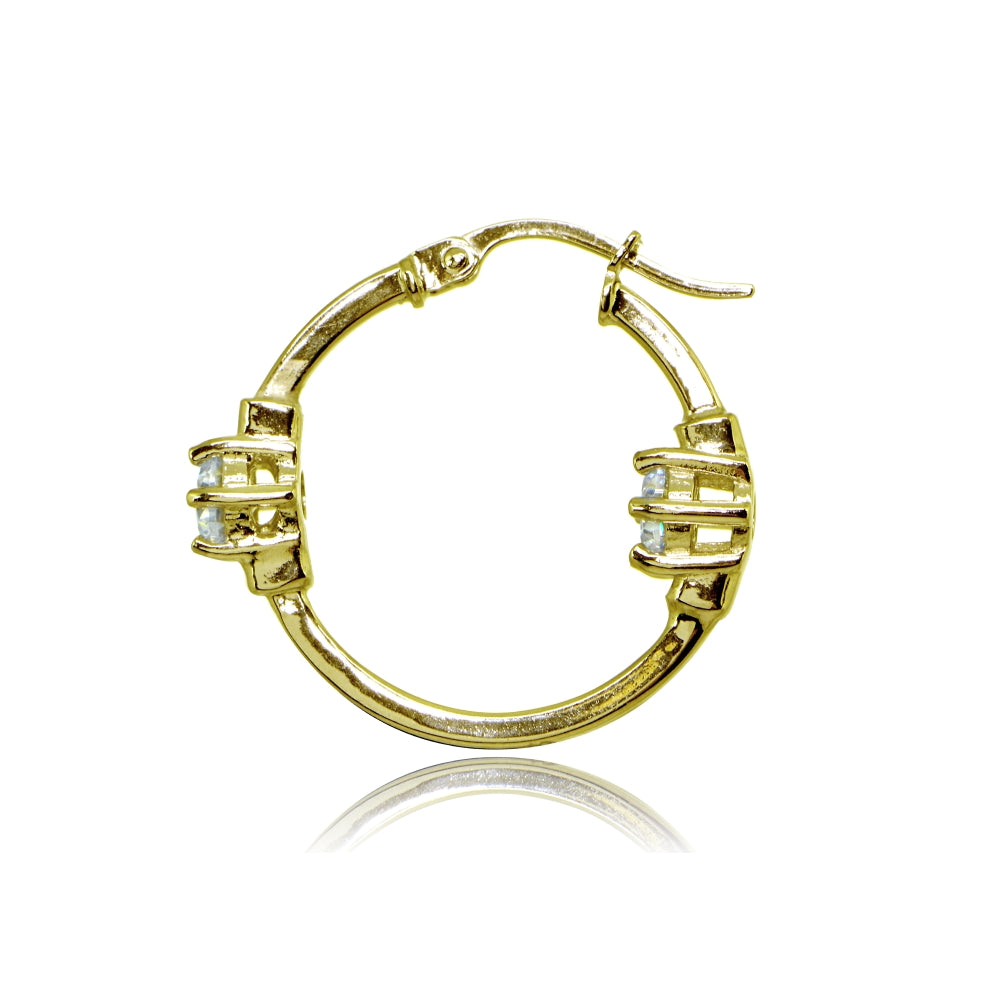 Yellow Gold Flashed Sterling Silver Polished Cubic Zirconia Round Two Stone Hoop Earrings-2